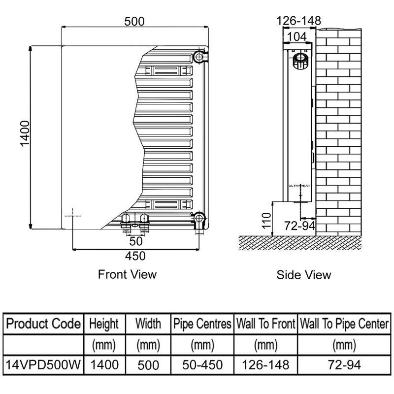 Ultraheat Planal VPD Vertical Radiator 1400mm H x 500mm W White