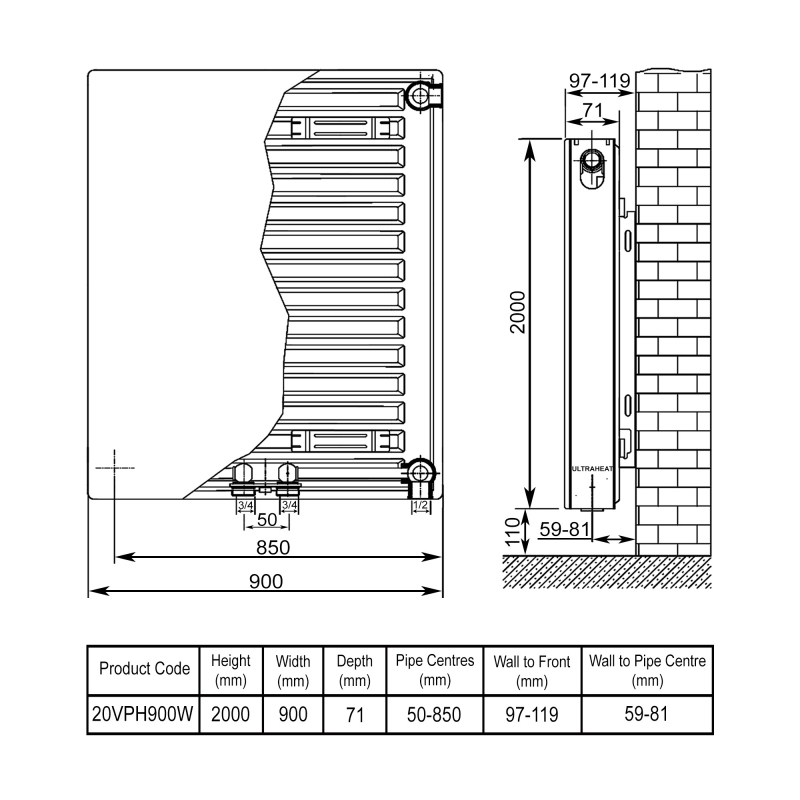 Ultraheat Planal VPH Vertical Radiator 2000mm H x 900mm W White  | Dimension Image