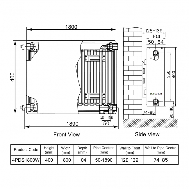 Ultraheat Planal PDS Horizontal Radiator 400mm H x 1800mm W White