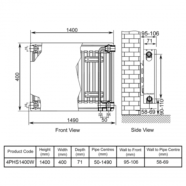 Ultraheat Planal PHS Horizontal Radiator 400mm H x 1400mm W White