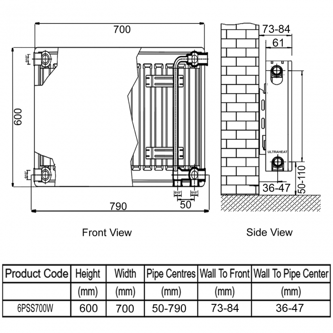 Ultraheat Planal PSS Horizontal Radiator 600mm H x 700mm W White