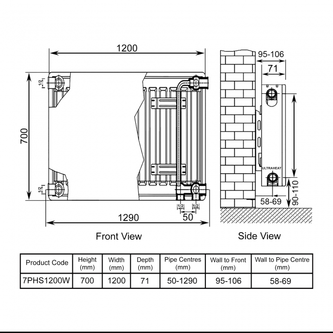 Ultraheat Planal PHS Horizontal Radiator 700mm H x 1200mm W White