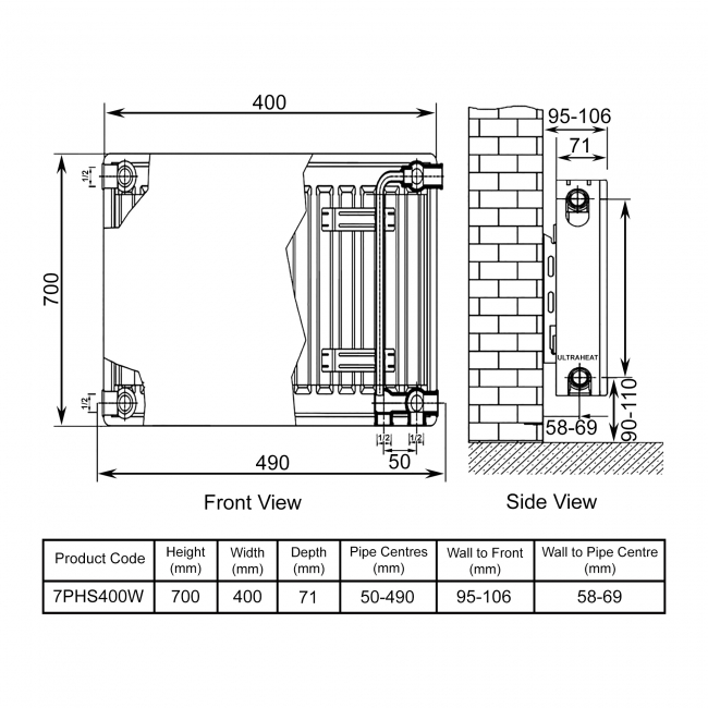 Ultraheat Planal PHS Horizontal Radiator 700mm H x 400mm W White  | Dimension Image