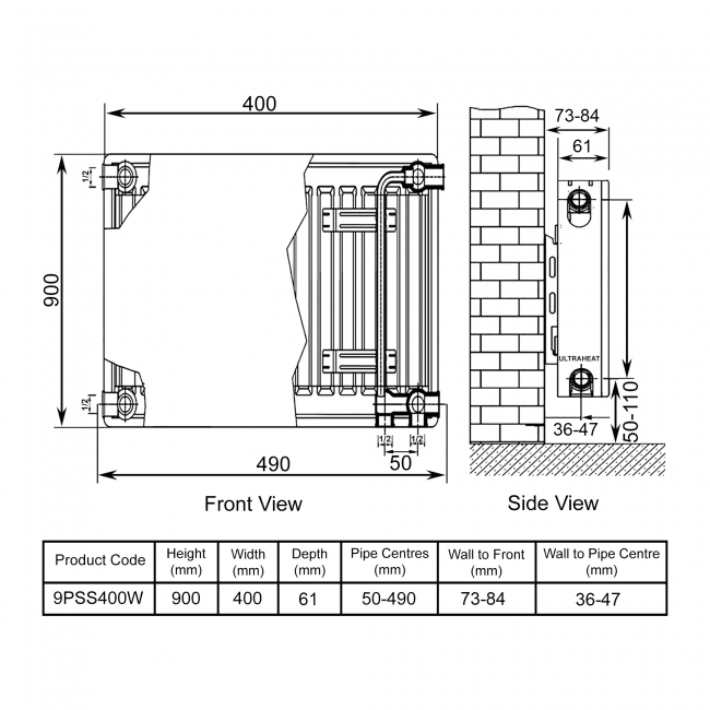 Ultraheat Planal PSS Horizontal Radiator 900mm H x 400mm W White  | Dimension Image