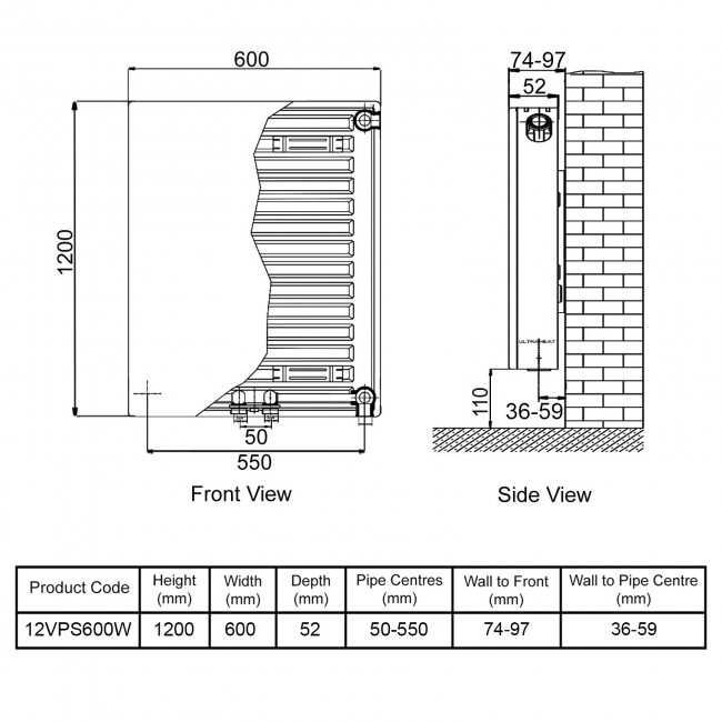 Ultraheat Planal VPS Vertical Radiator 1200mm H x 600mm W White  | Dimension Image