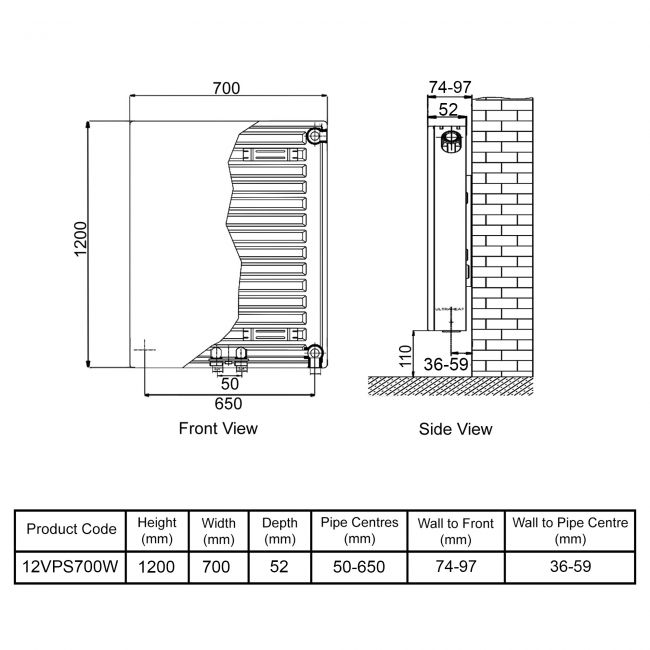 Ultraheat Planal VPS Vertical Radiator 1200mm H x 700mm W White  | Dimension Image