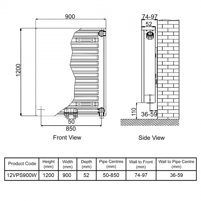 Ultraheat Planal VPS Vertical Radiator 1200mm H x 900mm W White  | Dimension Image