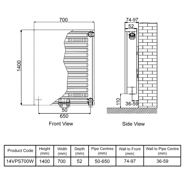 Ultraheat Planal VPS Vertical Radiator 1400mm H x 700mm W White