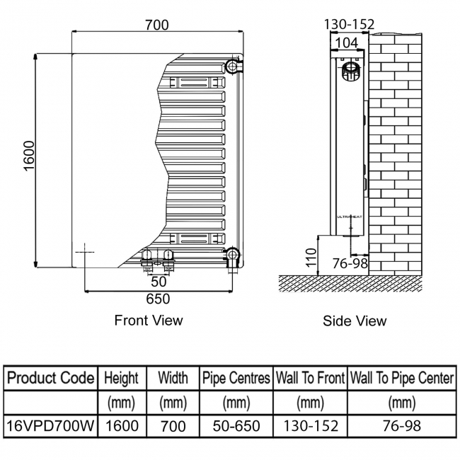 Ultraheat Planal VPD Vertical Radiator 1600mm H x 700mm W White