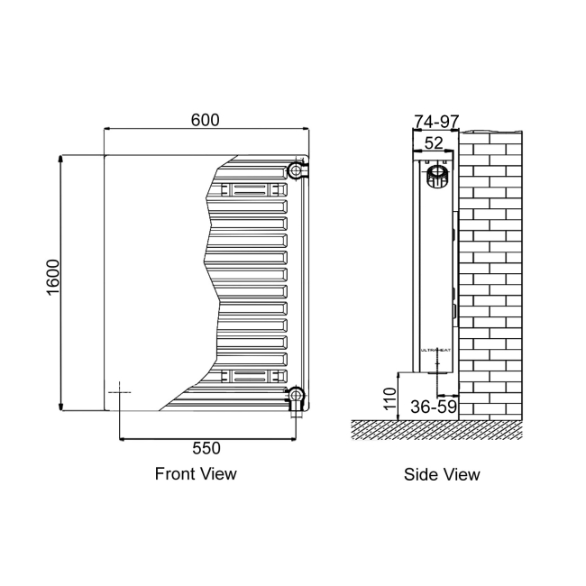 Ultraheat Planal VPS Vertical Radiator, 1600mm H x 600mm W with C4 Tapping -  White  | Dimension Image