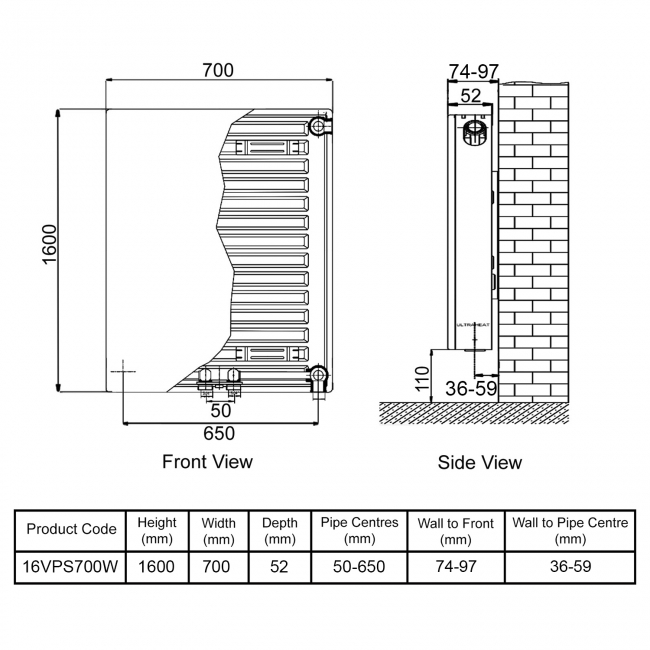 Ultraheat Planal VPS Vertical Radiator 1600mm H x 700mm W White
