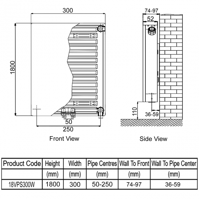 Ultraheat Planal VPS Vertical Radiator 1800mm H x 300mm W White