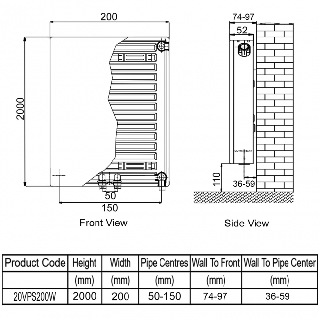 Ultraheat Planal VPS Vertical Radiator 2000mm H x 200mm W White  | Dimension Image
