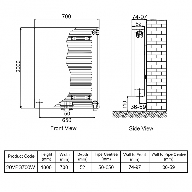 Ultraheat Planal VPS Vertical Radiator 2000mm H x 700mm W White  | Dimension Image