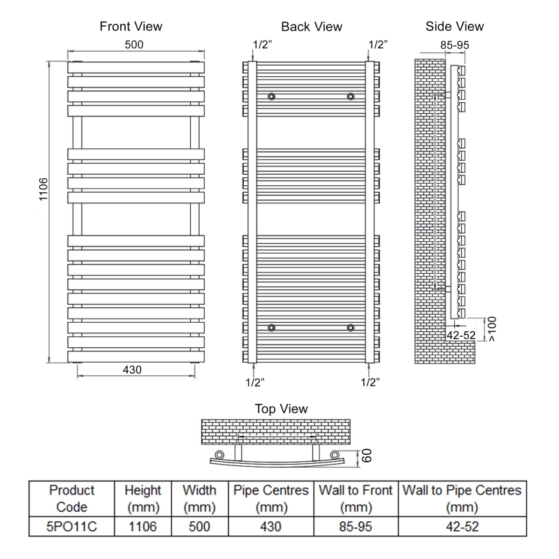 Ultraheat Poplar Flat Panel Heated Towel Rail 1106mm H x 500mm W - Chrome