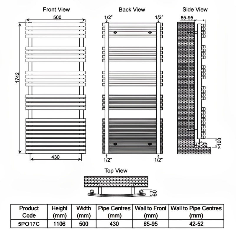 Ultraheat Poplar Flat Panel Heated Towel Rail 1742mm H x 500mm W - Chrome
