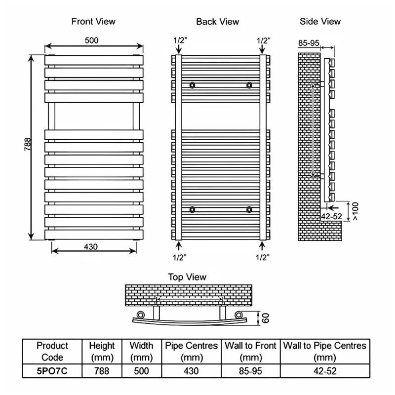 Ultraheat Poplar Flat Panel Heated Towel Rail 788mm H x 500mm W - Chrome  | Dimension Image