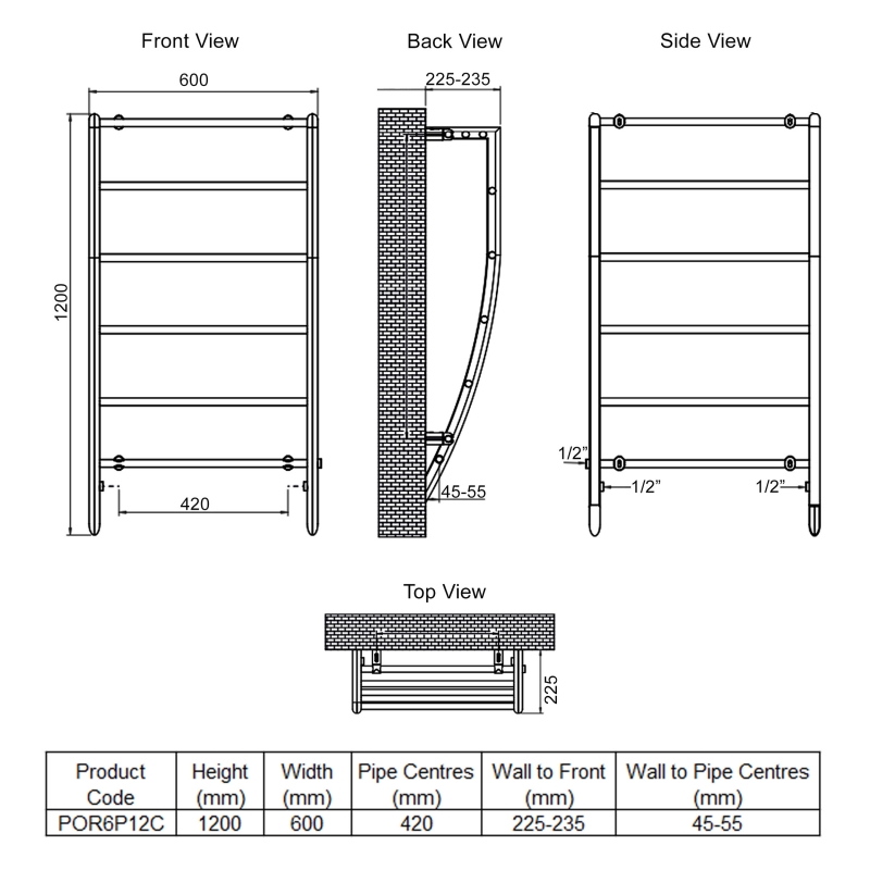 Ultraheat Portofino Heated Towel Rail 1200mm H x 600mm W - Chrome