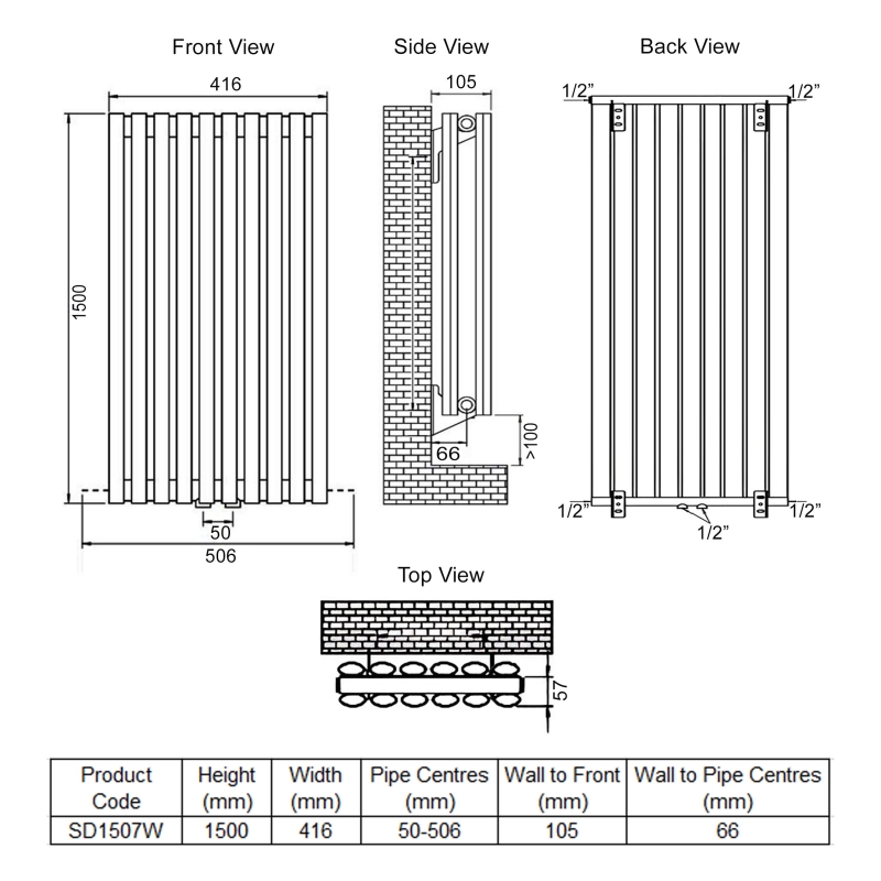 Ultraheat Sofi Double Designer Vertical Radiator 1500mm H x 416mm W White