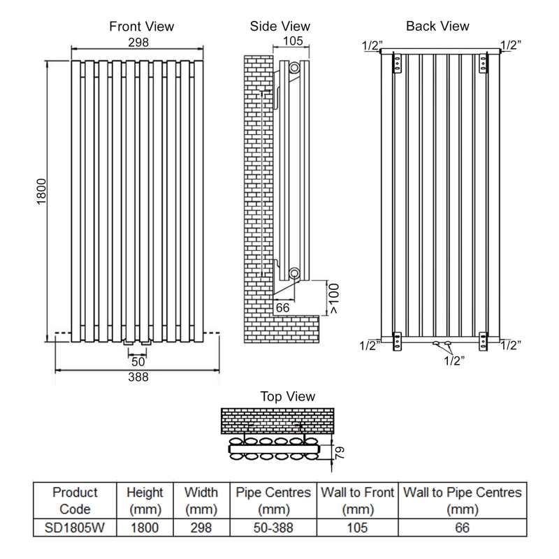 Ultraheat Sofi Double Designer Vertical Radiator 1800mm H x 298mm W White