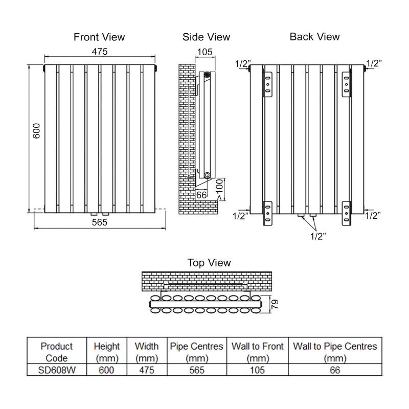 Ultraheat Sofi Double Designer Horizontal Radiator 600mm H x 475mm W White