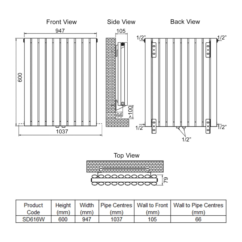 Ultraheat Sofi Double Designer Horizontal Radiator 600mm H x 947mm W White