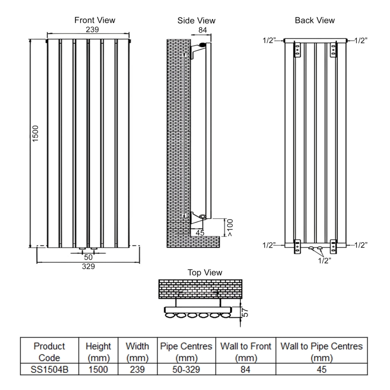 Ultraheat Sofi Single Designer Vertical Radiator 1500mm H x 239mm W - Black