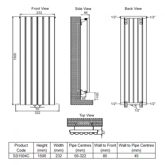 Ultraheat Sofi Single Designer Vertical Radiator 1500mm H x 232mm W Chrome