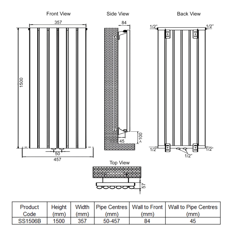 Ultraheat Sofi Single Designer Vertical Radiator 1500mm H x 357mm W - Black