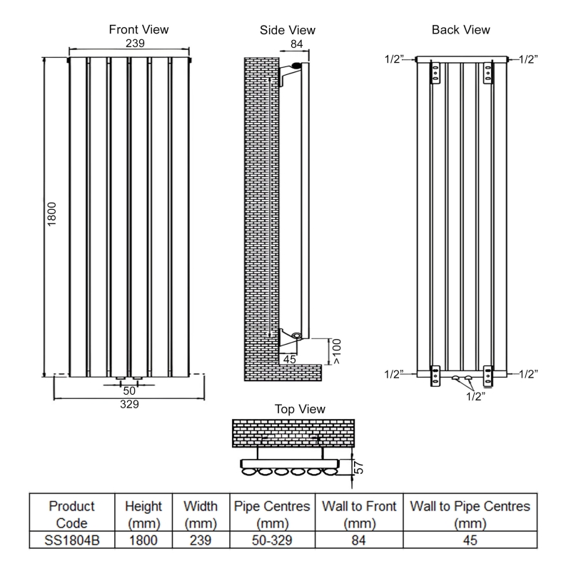 Ultraheat Sofi Single Designer Vertical Radiator 1800mm H x 239mm W - Black  | Dimension Image