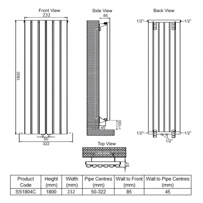 Ultraheat Sofi Single Designer Vertical Radiator 1800mm H x 239mm W Chrome
