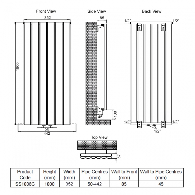 Ultraheat Sofi Single Designer Vertical Radiator 1800mm H x 352mm W Chrome  | Dimension Image