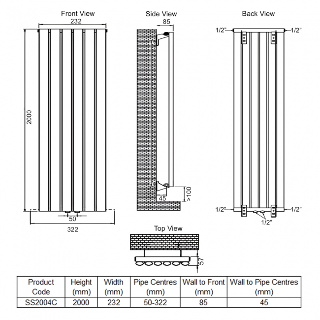 Ultraheat Sofi Single Designer Vertical Radiator 2000mm H x 232mm W Chrome