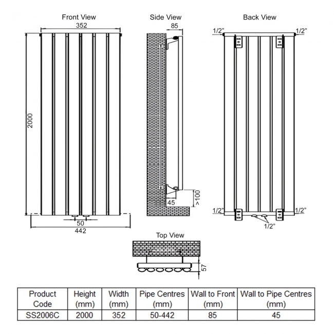 Ultraheat Sofi Single Designer Vertical Radiator 2000mm H x 352mm W Chrome  | Dimension Image