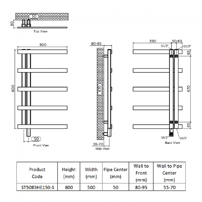 Ultraheat Stile Electric Towel Rail 800mm H x 500mm W - Brushed Matt  | Dimension Image