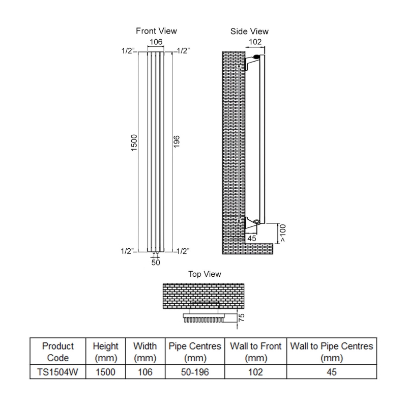 Ultraheat Tilbrook Single Designer Vertical Radiator 1500mm H x 106mm W White