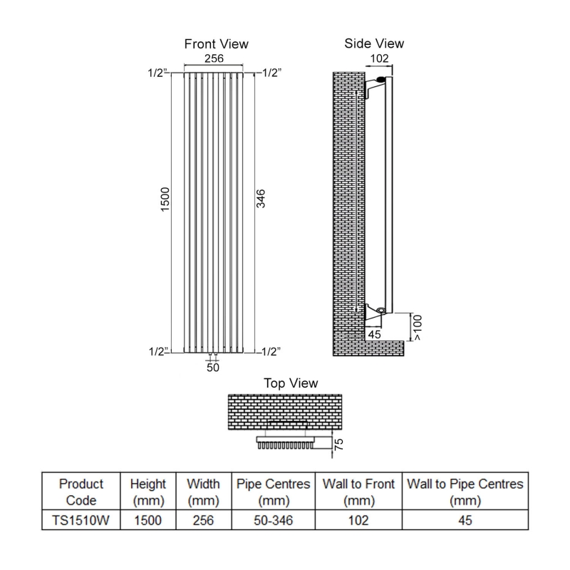 Ultraheat Tilbrook Single Designer Vertical Radiator 1500mm H x 256mm W White