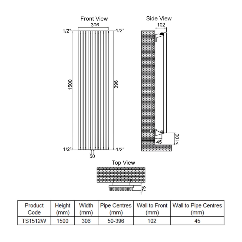 Ultraheat Tilbrook Single Designer Vertical Radiator 1500mm H x 306mm W White