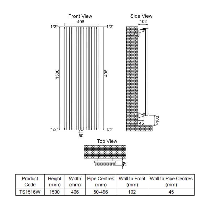 Ultraheat Tilbrook Single Designer Vertical Radiator 1500mm H x 406mm W White  | Dimension Image