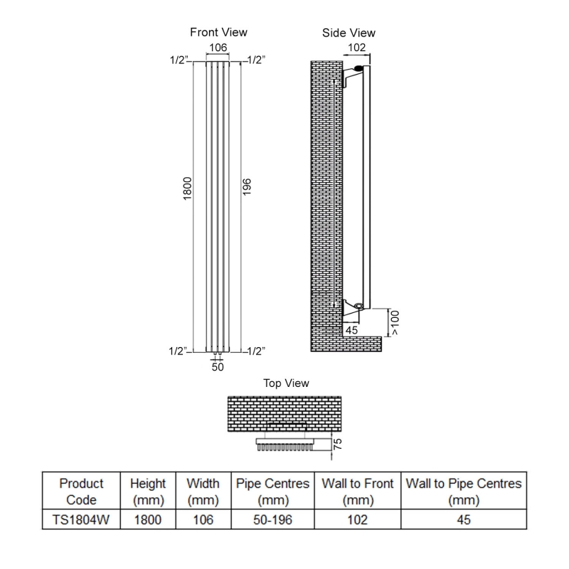 Ultraheat Tilbrook Single Designer Vertical Radiator 1800mm H x 106mm W White