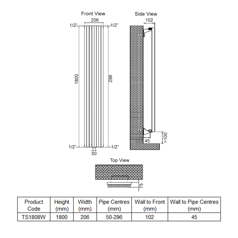 Ultraheat Tilbrook Single Designer Vertical Radiator 1800mm H x 206mm W White