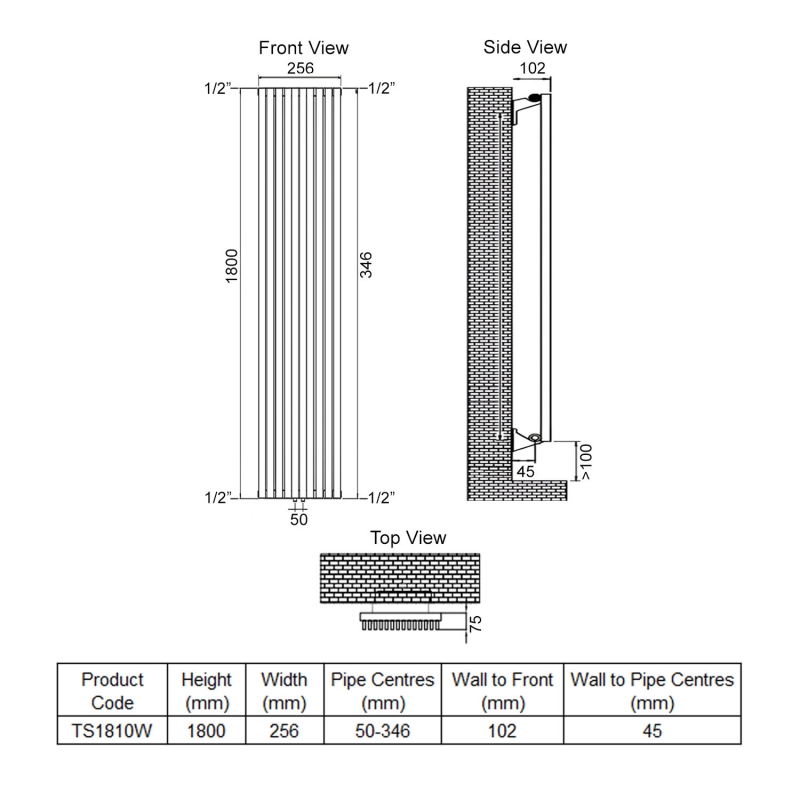 Ultraheat Tilbrook Single Designer Vertical Radiator 1800mm H x 256mm W White