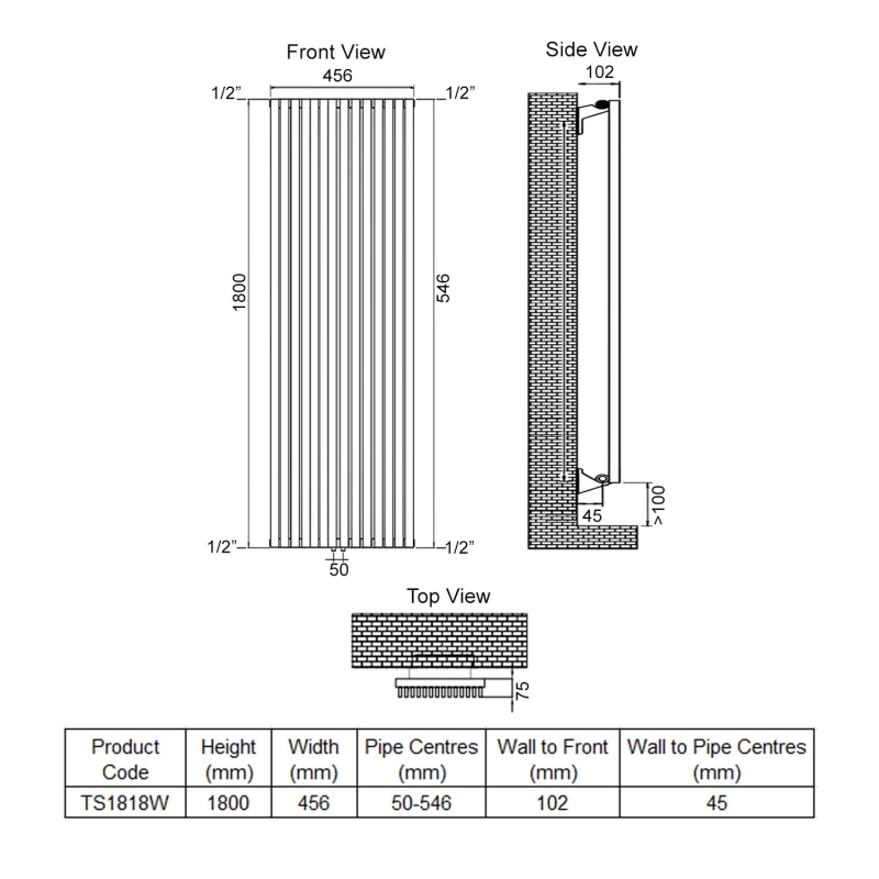 Ultraheat Tilbrook Single Designer Radiator | White | 1800mm x 456mm