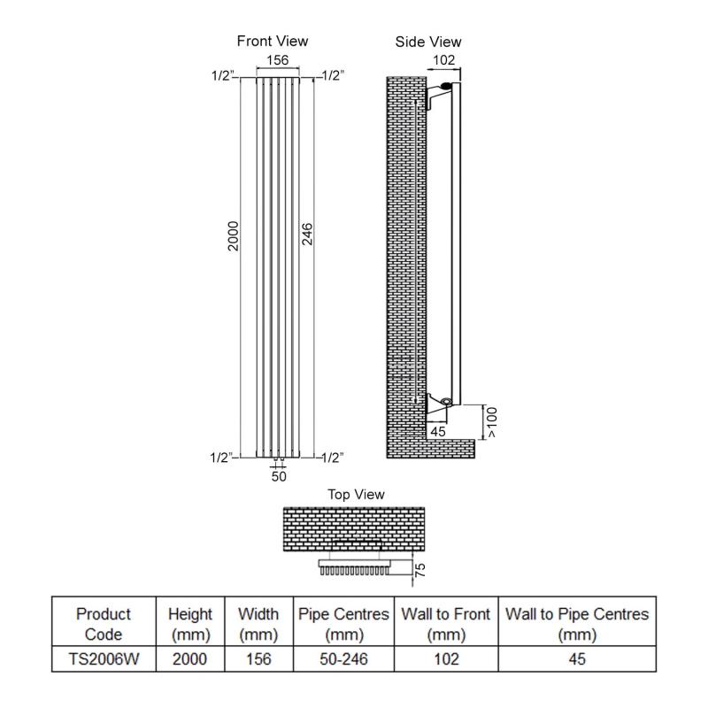 Ultraheat Tilbrook Single Designer Vertical Radiator 2000mm H x 156mm W White  | Dimension Image