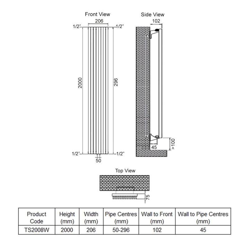 Ultraheat Tilbrook Single Designer Vertical Radiator 2000mm H x 206mm W White