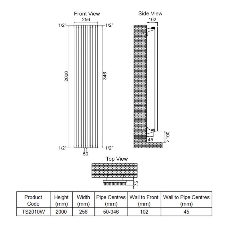 Ultraheat Tilbrook Single Designer Vertical Radiator 2000mm H x 256mm W White