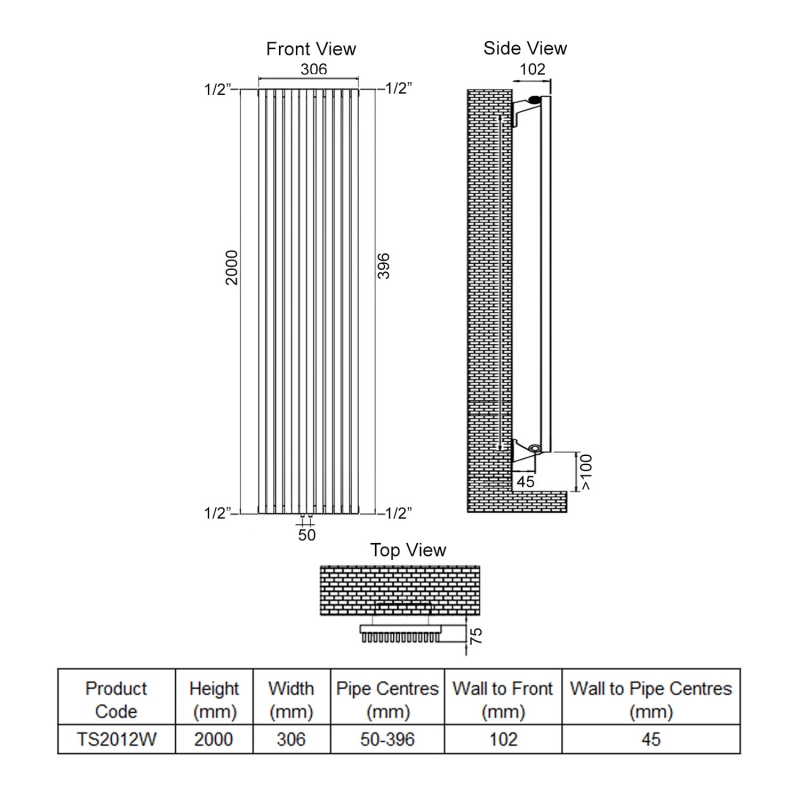 Ultraheat Tilbrook Single Designer Vertical Radiator 2000mm H x 306mm W White