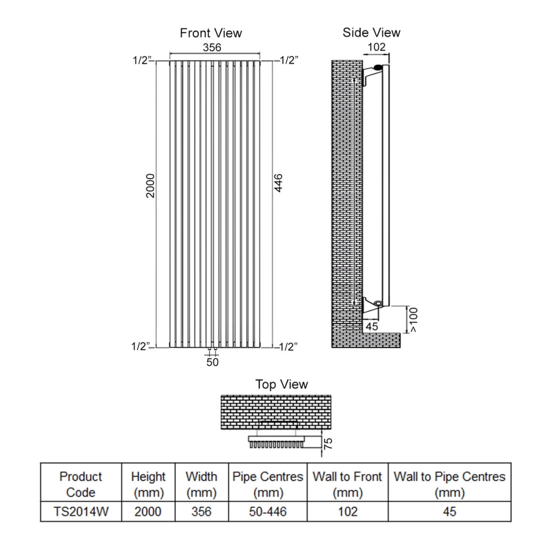 Ultraheat Tilbrook Single Designer Vertical Radiator 2000mm H x 356mm W White