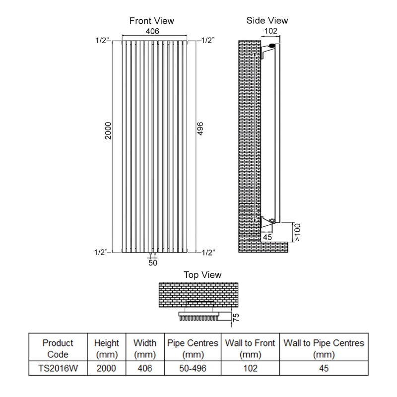 Ultraheat Tilbrook Single Designer Vertical Radiator 2000mm H x 406mm W White