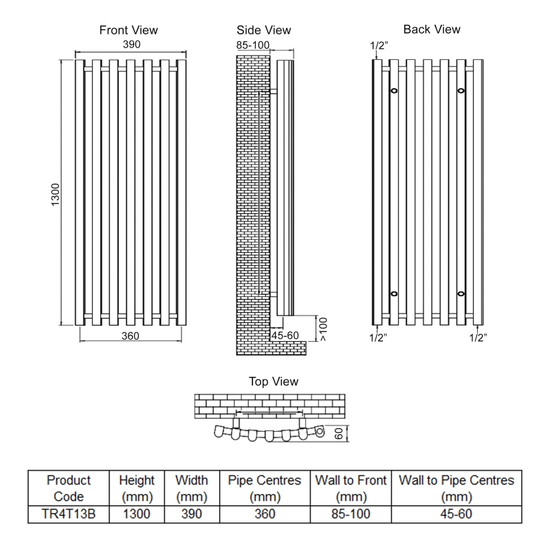 Ultraheat Trojan Single Designer Vertical Radiator 1300mm H x 390mm W Black